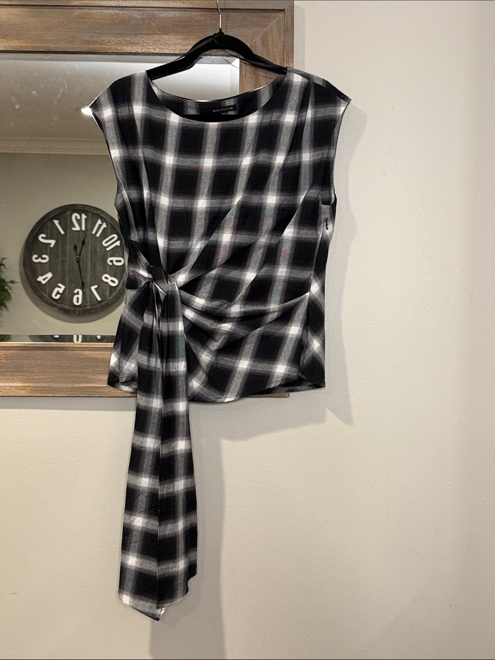 Skies Are Blue Black & White Plaid Tie-Front Blouse